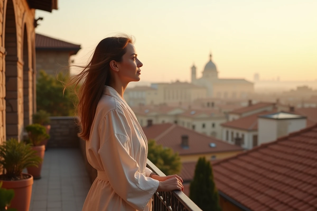 Femme sur un balcon au lever du soleil &agrave; 05h55 songeant &agrave; une personne aim&eacute;e face &agrave; l'horizon urbain