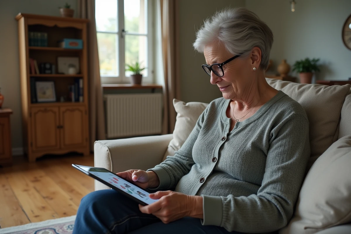 Femme jouant &agrave; la belote coinch&eacute;e sur tablette depuis son salon avec une table r&eacute;serv&eacute;e en ligne