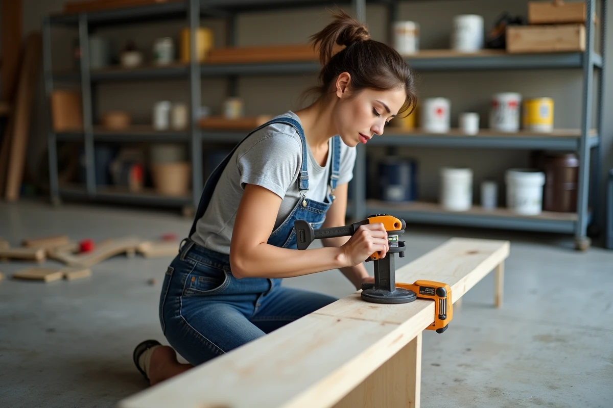 Femme bricolant avec un serre-joint en G sur un établi dans un garage