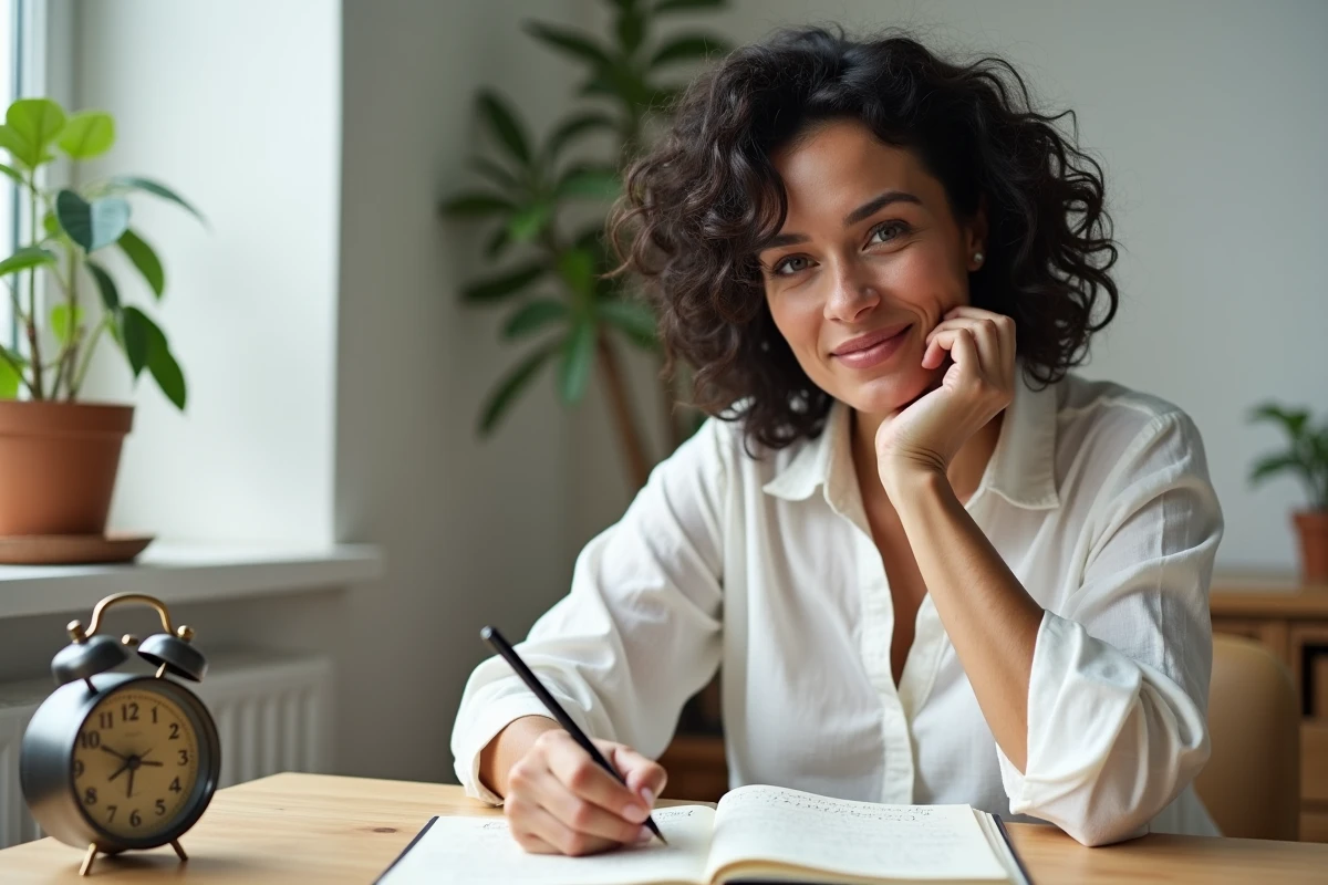 Femme prenant des notes sur la numérologie avec un réveil affichant 14h41 sur son bureau