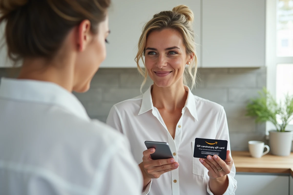 Femme utilisant une carte illicado sur l'application Amazon depuis son smartphone dans une cuisine moderne