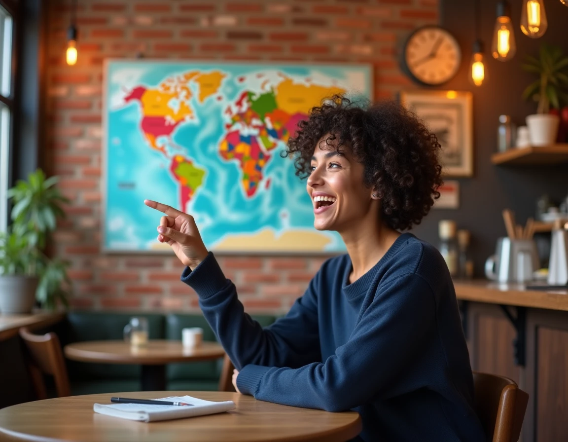 Femme souriante pointant une carte du monde dans un café décoré de souvenirs de voyage, illustrant un quiz de géographie sur les pays commençant par F