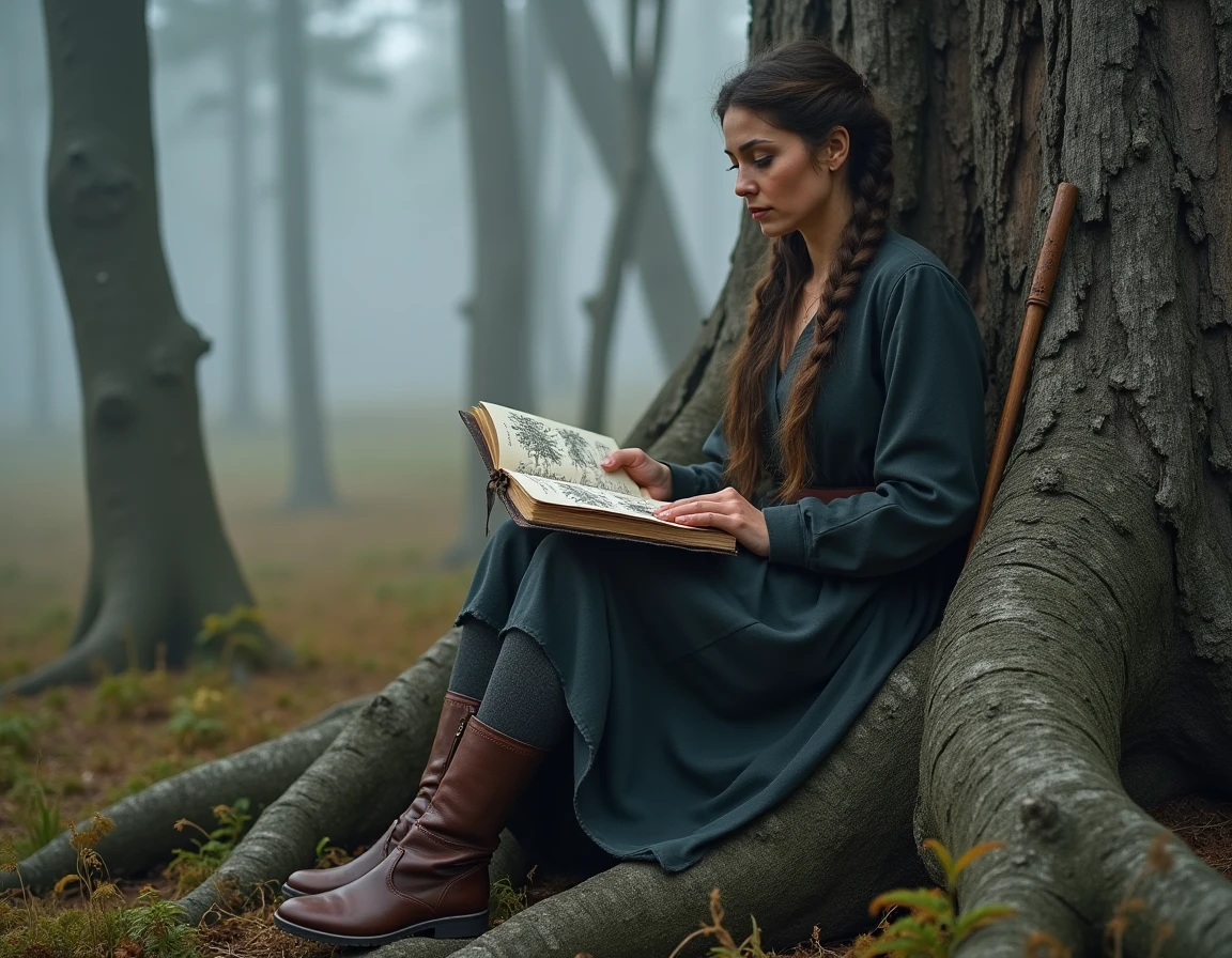 Femme en tenue nordique traditionnelle assise sur une racine d'arbre en for&ecirc;t scandinave consultant un journal de runes chamaniques