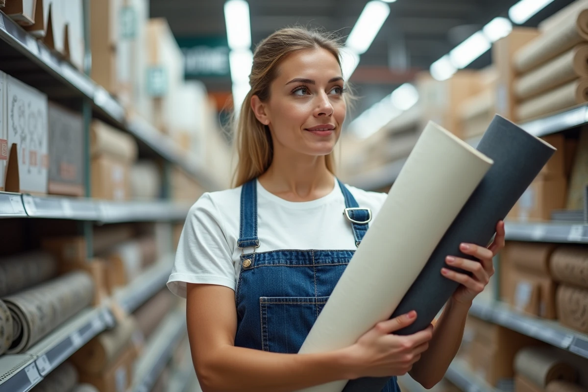 Femme comparant des &eacute;chantillons de papier peint dans un magasin de bricolage