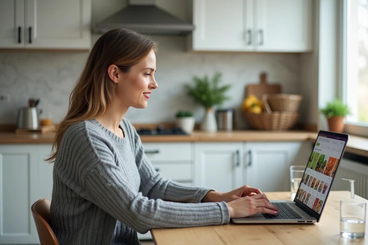 Femme consultant les horaires d'ouverture Lidl et les services en ligne sur un ordinateur portable depuis chez elle