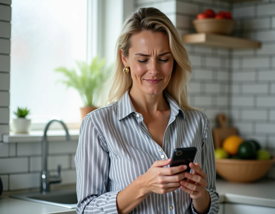 Femme tenant un smartphone avec un faux SMS de confirmation de paiement dans une cuisine domestique