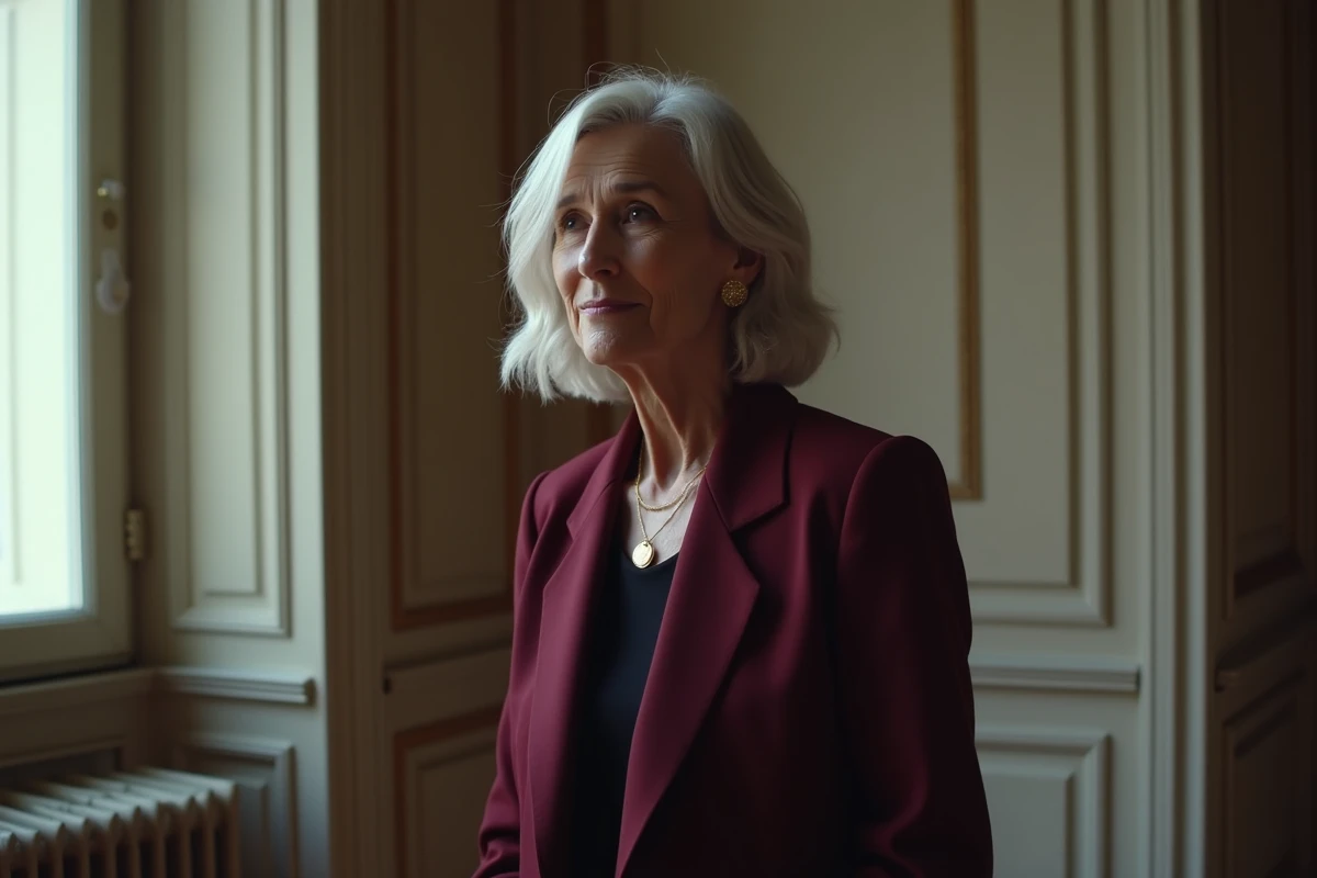 Femme fran&ccedil;aise mature et distingu&eacute;e dans un appartement haussmannien parisien, &eacute;voquant ses confidences personnelles face &agrave; la cam&eacute;ra