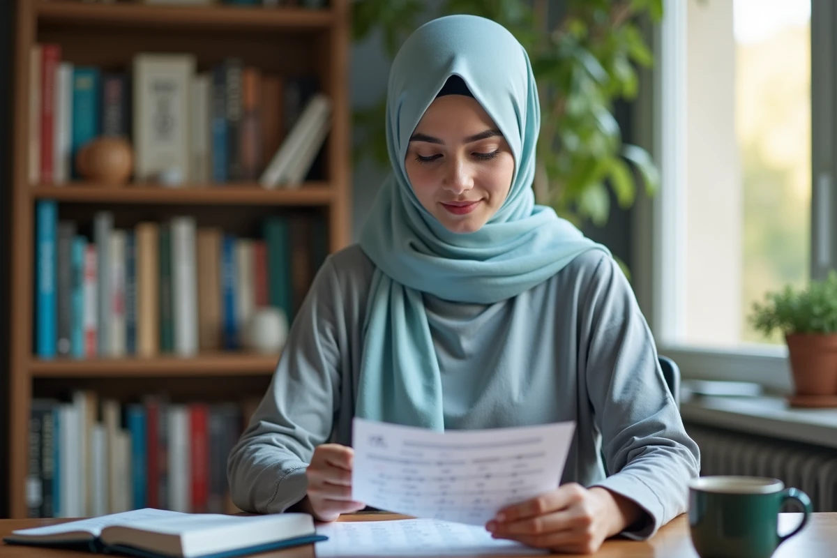 Jeune femme musulmane consultant l'imsakiya et les horaires de pri&egrave;re du Ramadan 2026 au Blanc-Mesnil