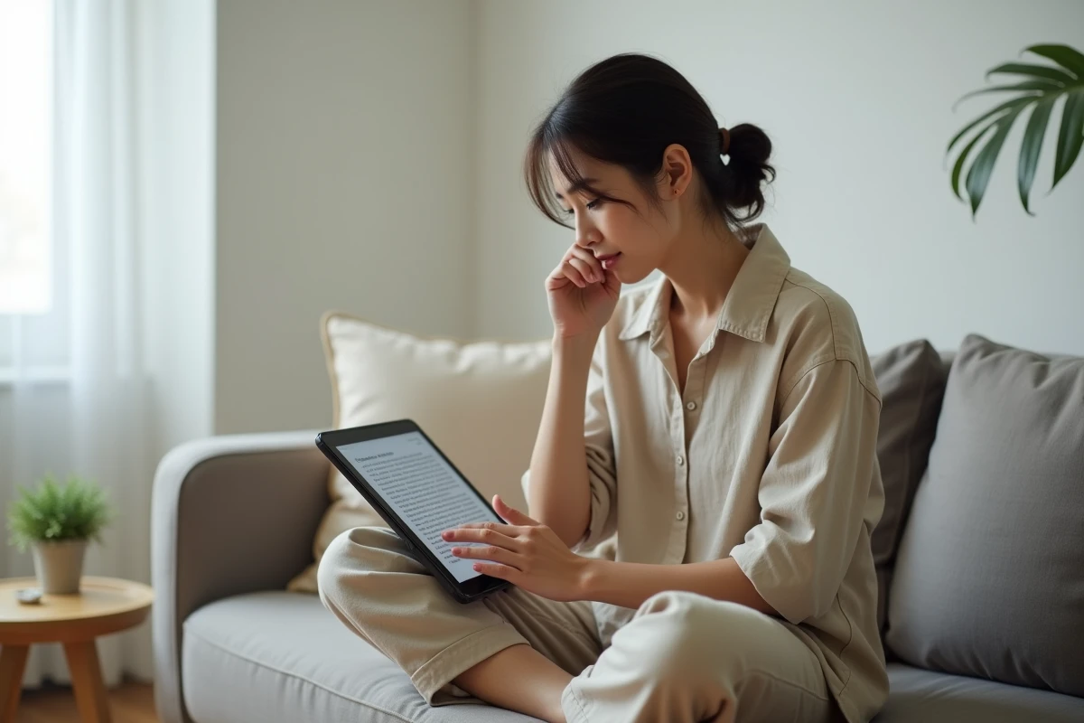 Femme lisant un scan manga sur tablette dans un salon minimaliste en évitant les spoilers