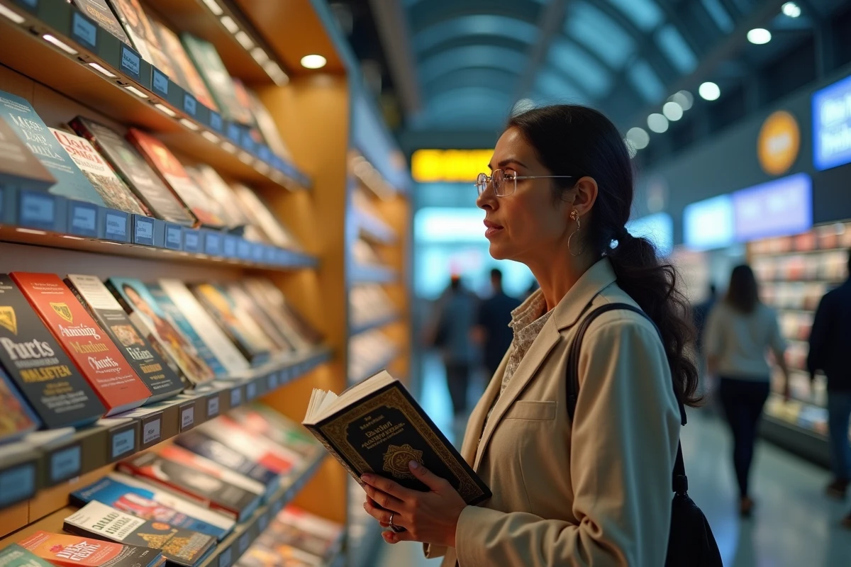Femme parcourant les rayons d'une librairie d'aéroport international avec des textes religieux et des bestsellers, questionnement sur le livre le plus vendu dans le monde