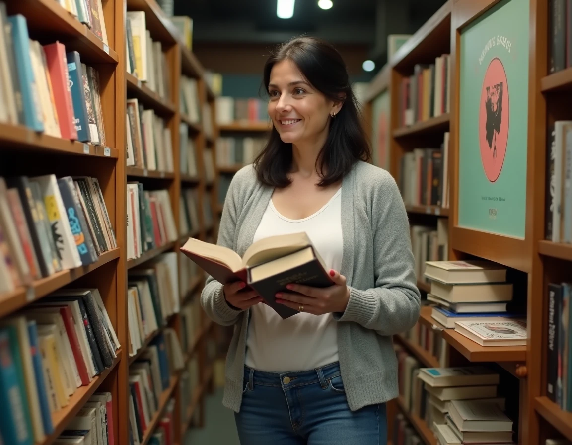 Femme choisissant des romans policiers cozy dans une librairie indépendante avec des étagères remplies de livres