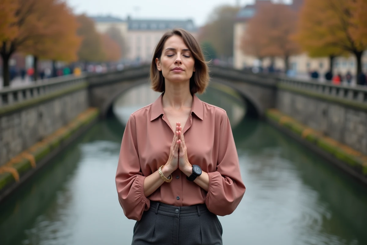 Femme m&eacute;ditant sur un pont avec une montre indiquant 11h01, illustration spirituelle de l'heure miroir