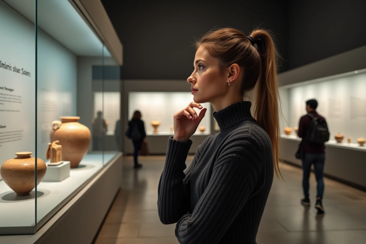 Jeune femme contemplant une poterie grecque antique repr&eacute;sentant Herm&egrave;s dans un mus&eacute;e arch&eacute;ologique