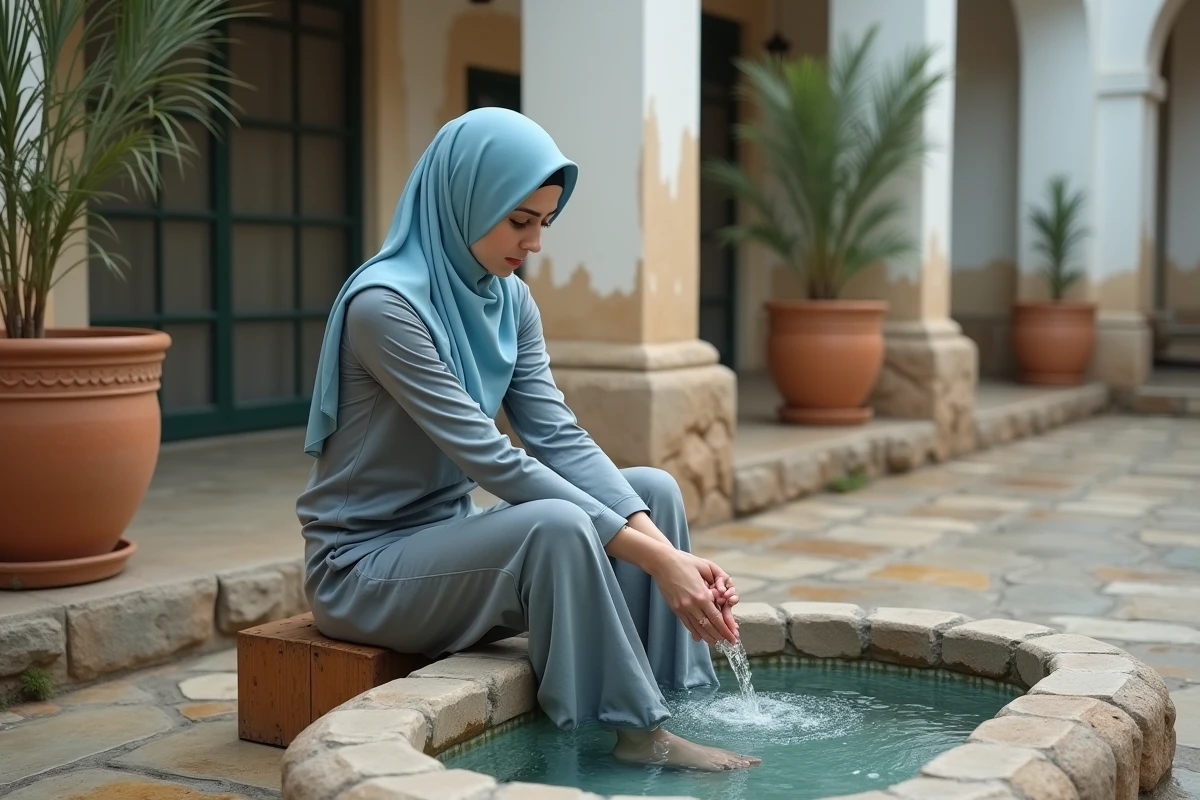 Femme musulmane réalisant le woudou près d'une fontaine dans une cour traditionnelle
