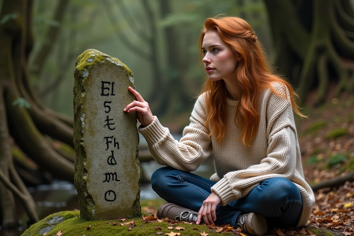 Jeune femme explorant une pierre oghamique gravée dans une forêt celtique de Bretagne