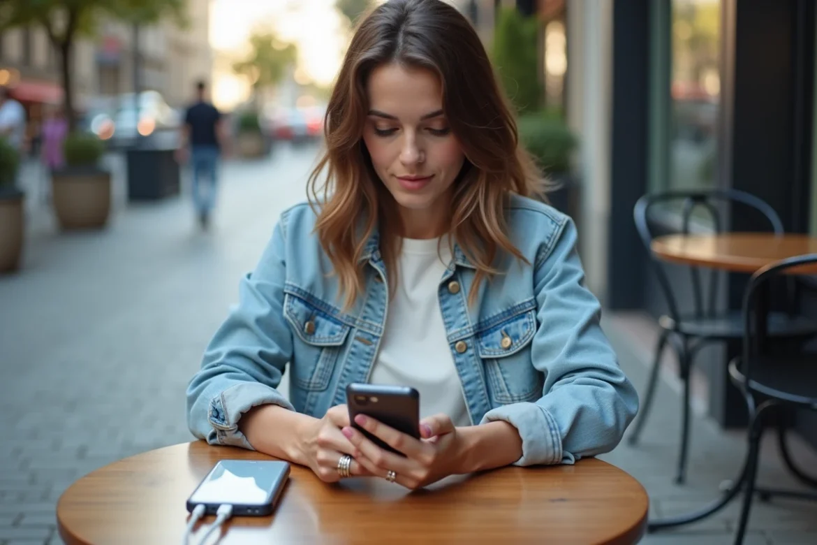 Femme rechargeant son Xiaomi 15 en terrasse de café avec une batterie externe portable
