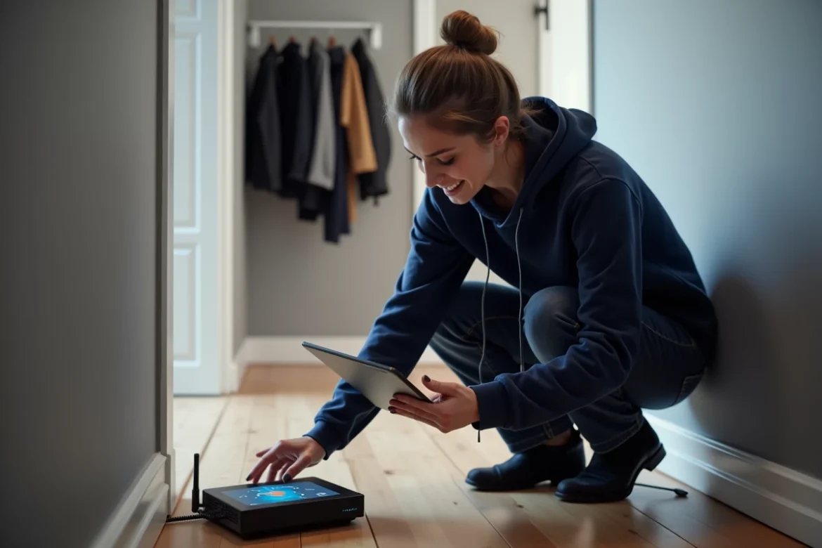 Femme repositionnant sa Freebox dans un couloir d'appartement pour améliorer la couverture Wi-Fi à domicile