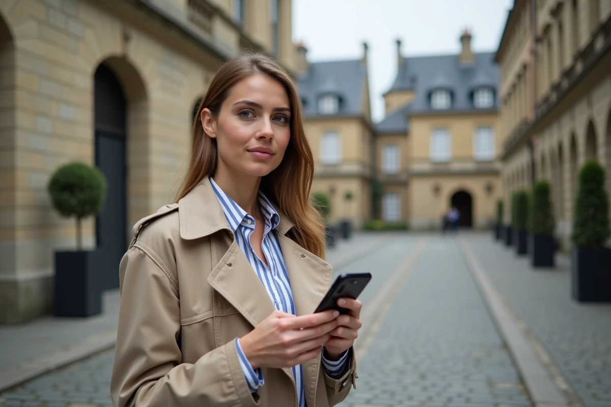 Jeune femme fran&ccedil;aise consultant le r&eacute;sultat d'un quiz Force R&eacute;publicaine sur smartphone devant un b&acirc;timent municipal en 2026