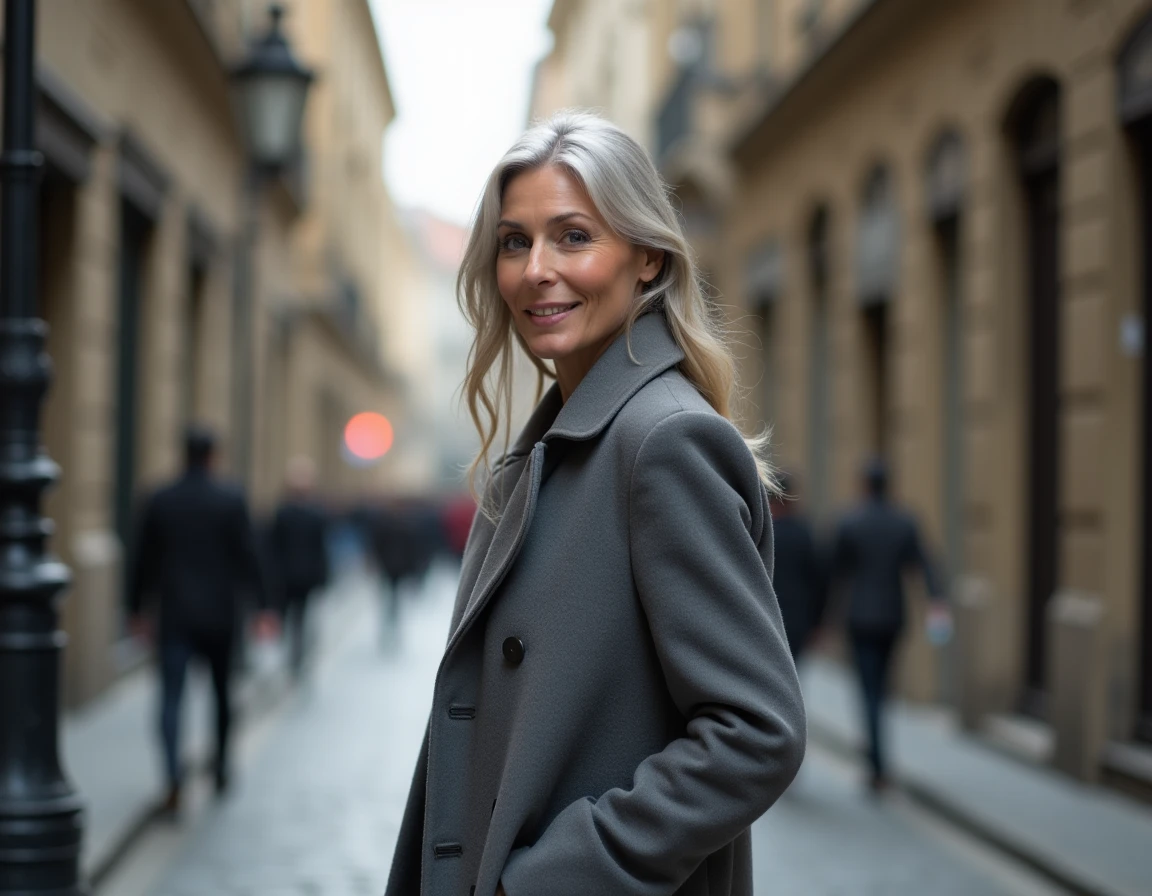 Femme élégante marchant sur un pavé européen, illustrant la frontière entre vie publique et vie privée d'une personnalité