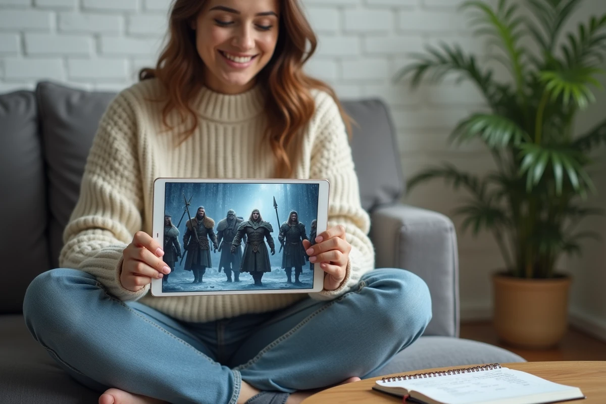 Femme entrant un code de jeu sur tablette pour débloquer des héros dans un jeu de stratégie mobile