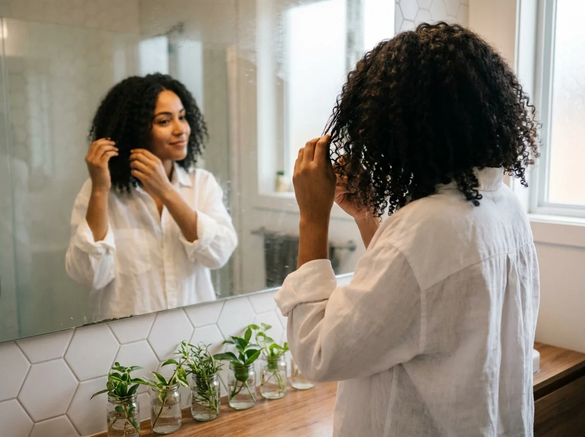 Femme coiffée d'un tissage se regardant dans le miroir de salle de bain à la maison