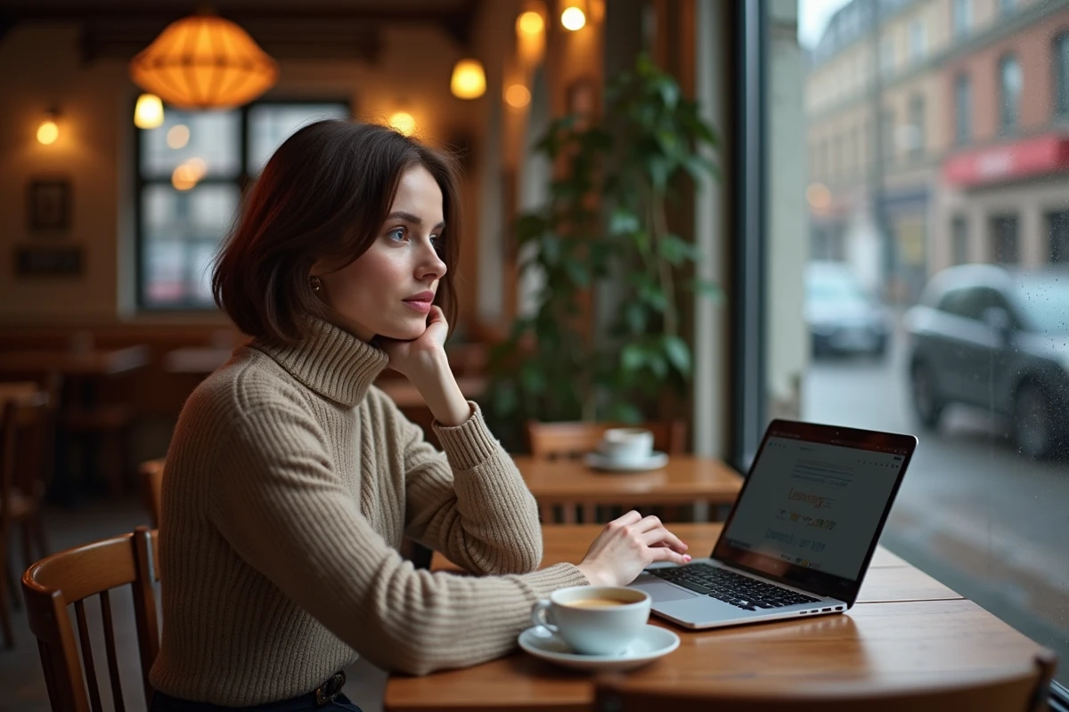 Femme trentenaire consultant le site Joy Club sur son ordinateur portable dans un café de Lille