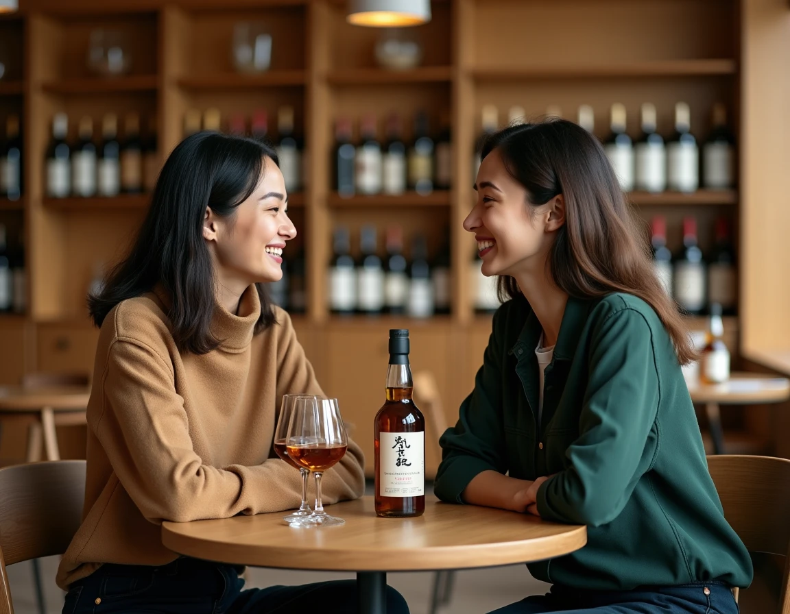 Deux femmes partageant une d&eacute;gustation de whisky japonais Akashi dans une cave &agrave; spiritueux conviviale