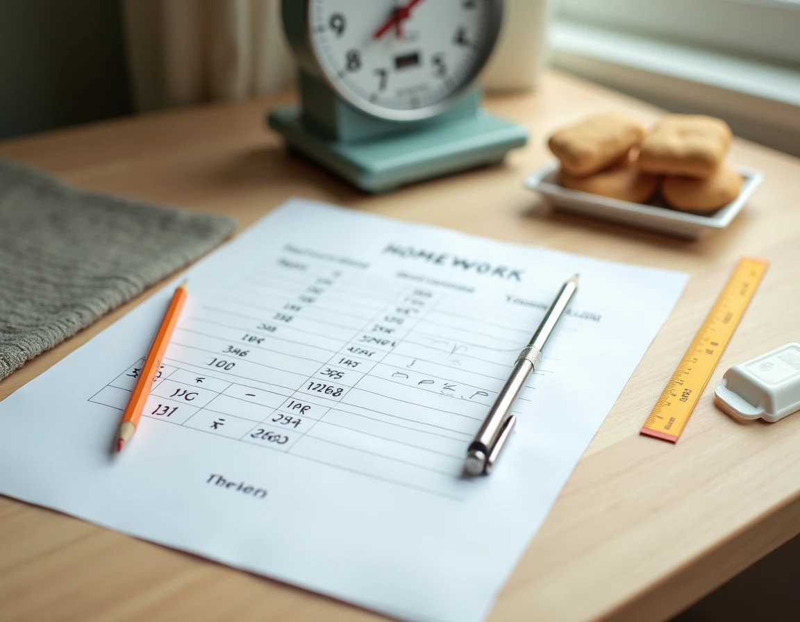 Feuille de devoirs avec tableau de conversion des kilogrammes annot&eacute;e au crayon sur un bureau en bois