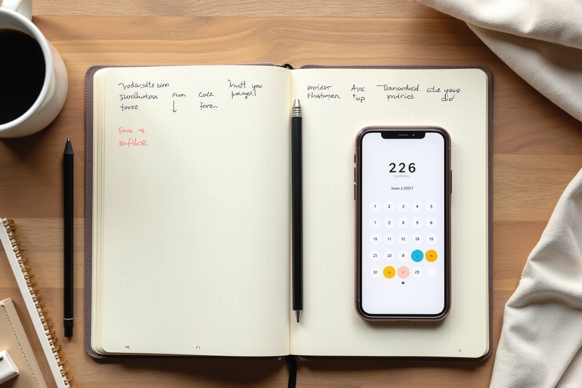 Vue de dessus d'un agenda ouvert avec dates manuscrites, smartphone affichant une calculatrice entre deux dates et accessoires de bureau sur table en bois clair
