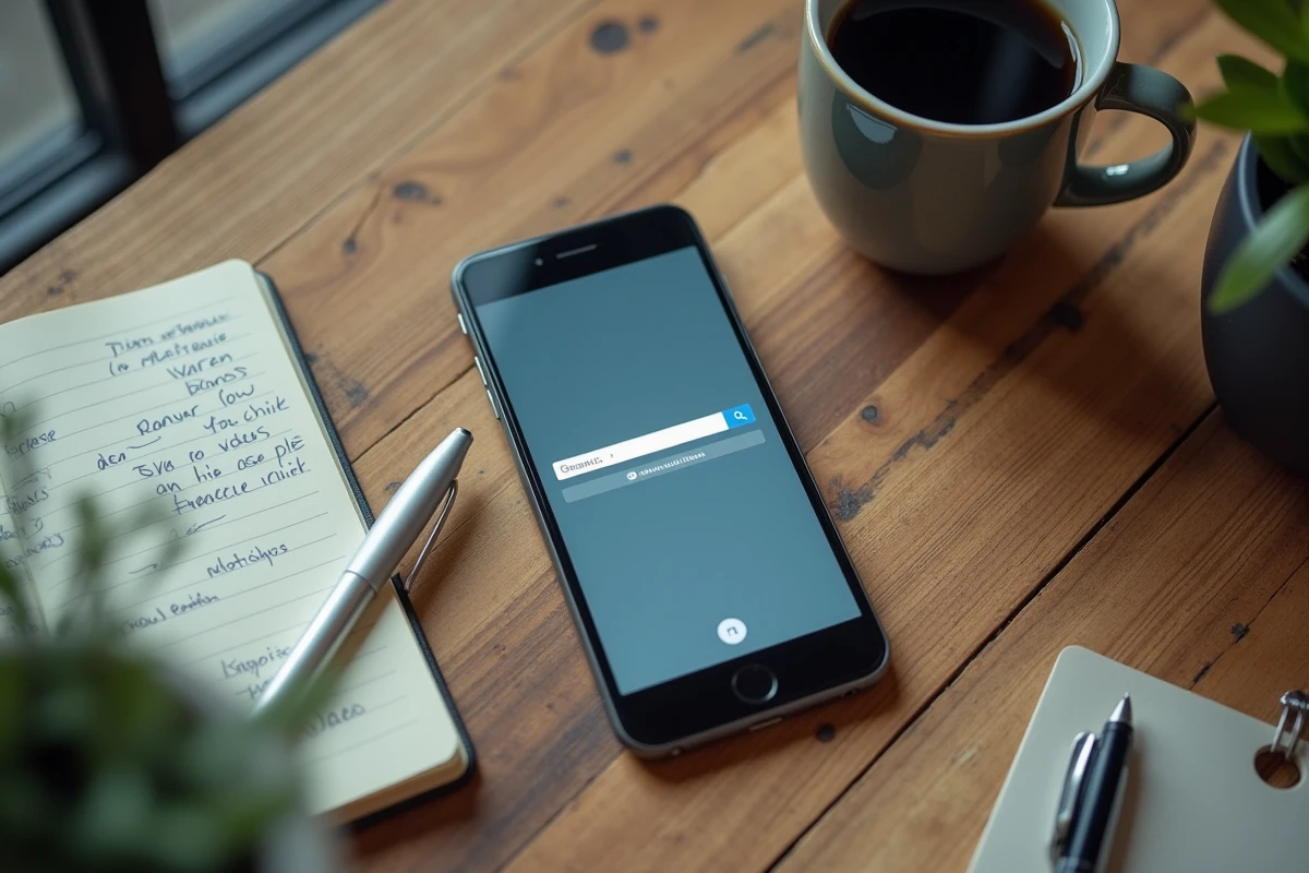 Vue a&eacute;rienne d'un bureau avec smartphone affichant un moteur de recherche vid&eacute;o, notes manuscrites et carnet