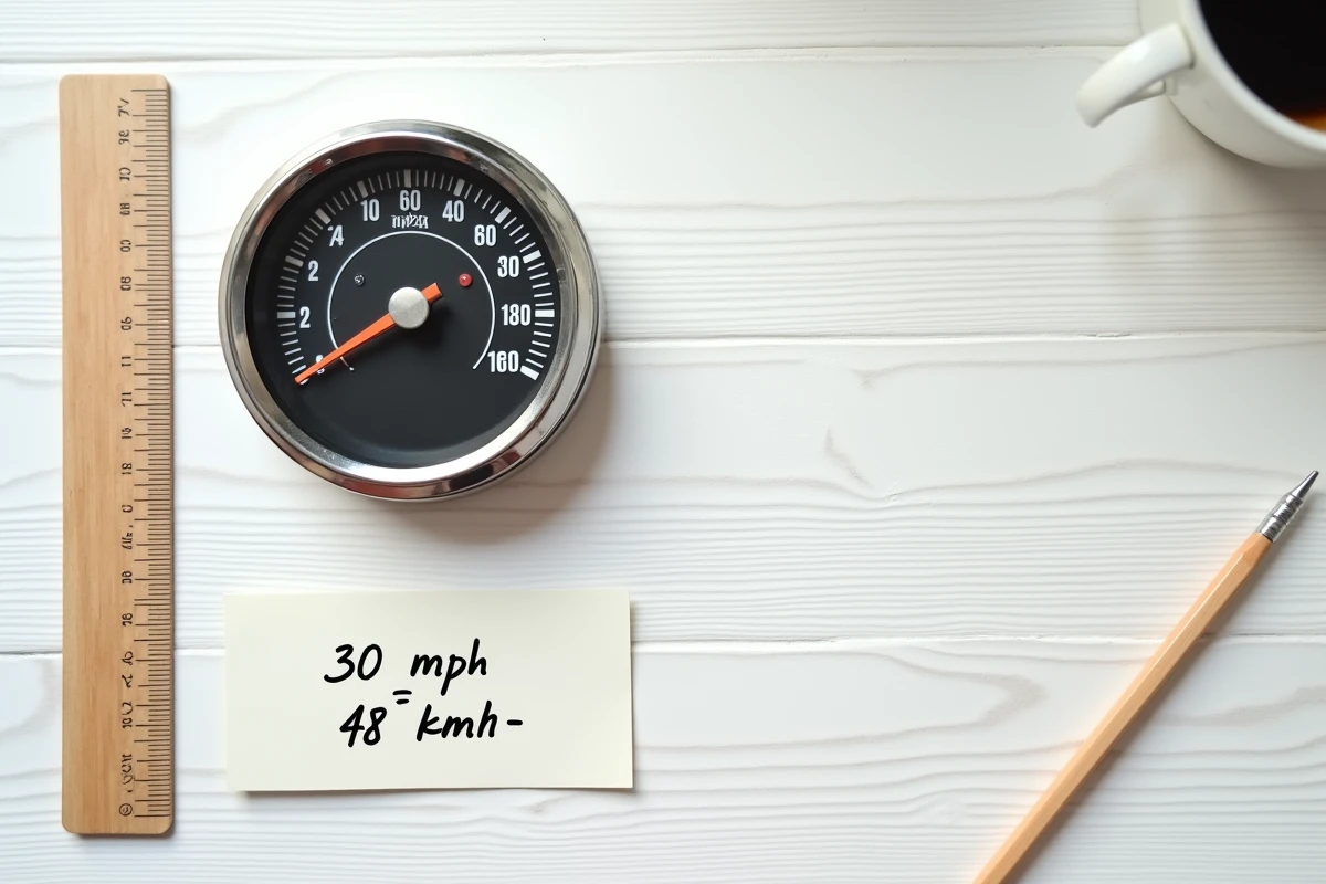 Flat lay d'un compteur de vitesse analogique et d'une fiche manuscrite avec la formule de conversion 30 mph en km/h sur fond bois blanc