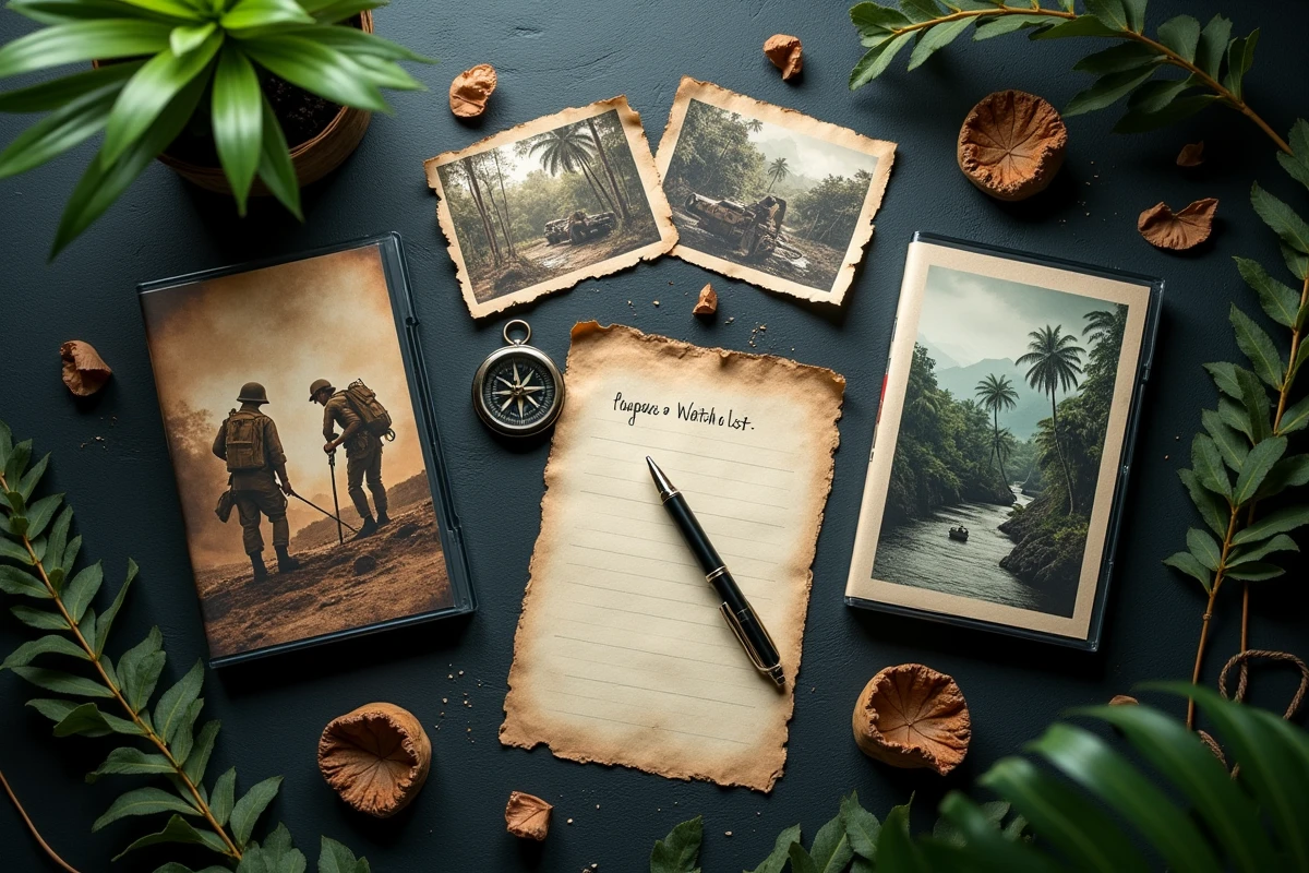 Flat lay &eacute;ditorial de films sur la guerre du Vietnam avec DVD vintage, boussole et photos en noir et blanc