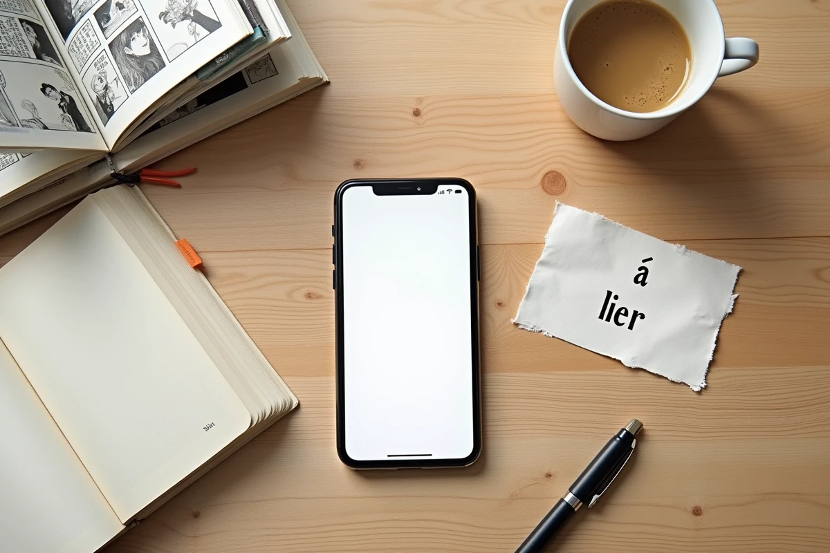 Flat lay éditorial de volumes de manhwa adultes et webtoons posés sur une table en bois avec un smartphone et un café