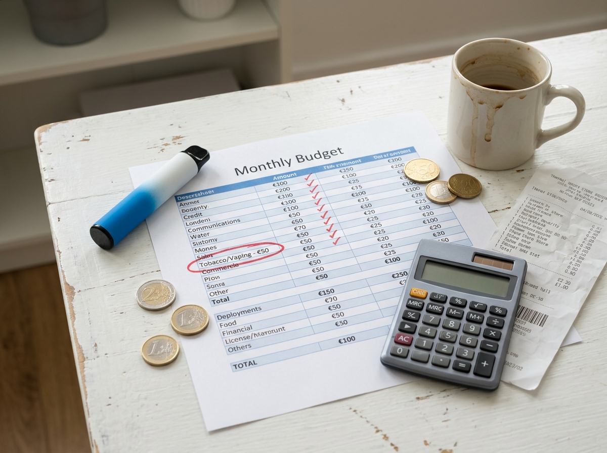 Vue de dessus d'un budget mensuel annoté en rouge avec une puff jetable, pièces et reçu sur un bureau blanc