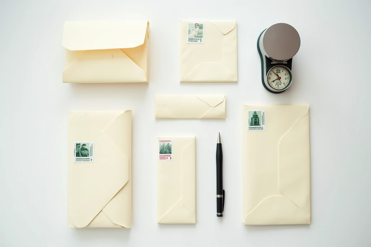 Vue en plong&eacute;e d'enveloppes de diff&eacute;rents formats avec timbres lettre verte et services plus et une balance postale pour peser le courrier