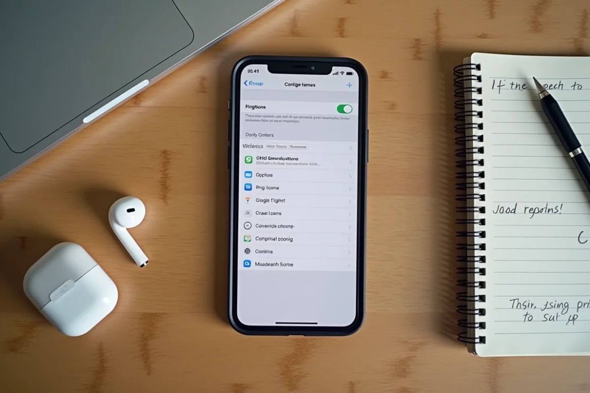 Vue du dessus d'un iPhone affichant les param&egrave;tres de sonnerie iOS sur une table en bois avec &eacute;couteurs et notes