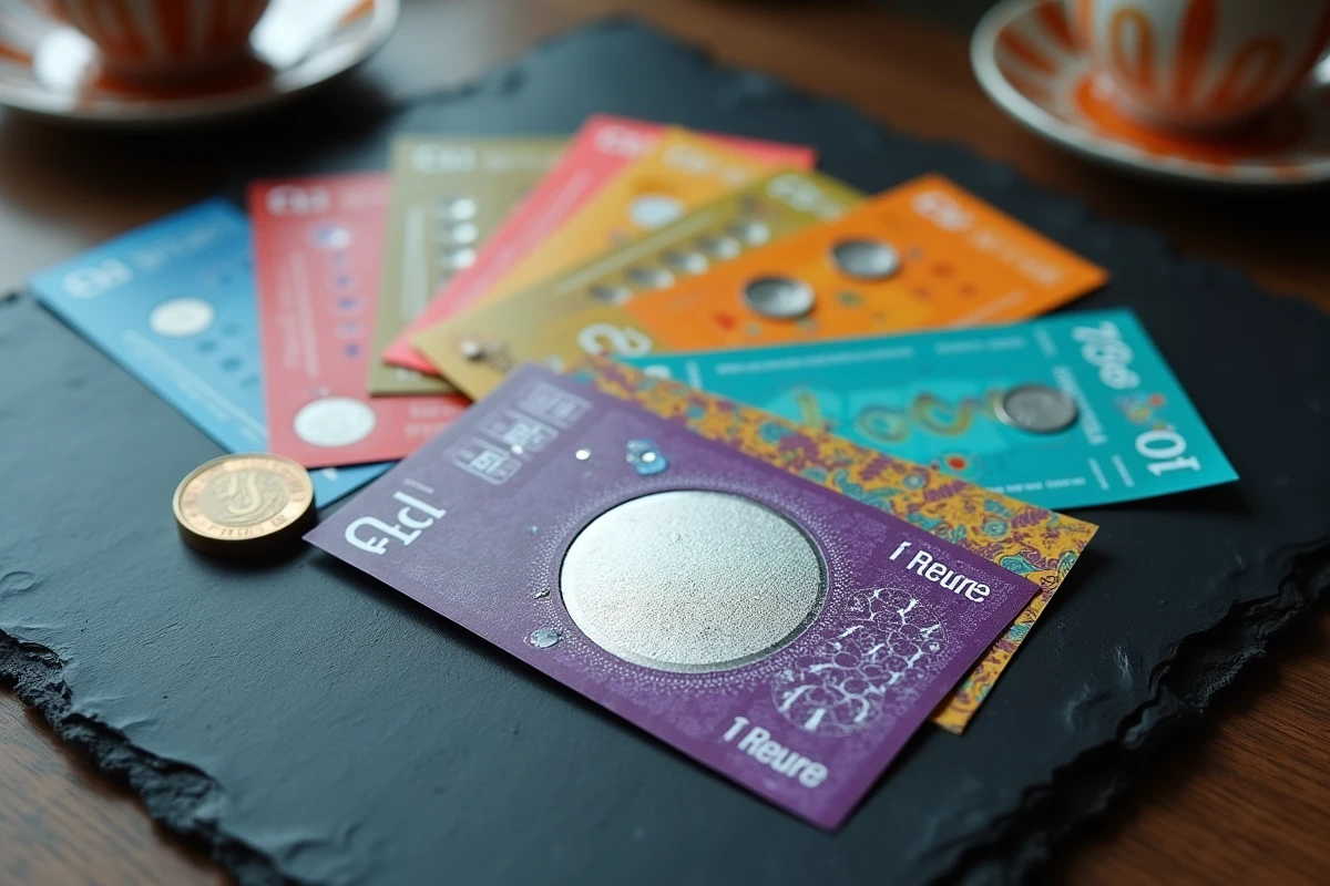 Vue de dessus de tickets &agrave; gratter FDJ color&eacute;s sur une surface en ardoise avec une pi&egrave;ce d'euro