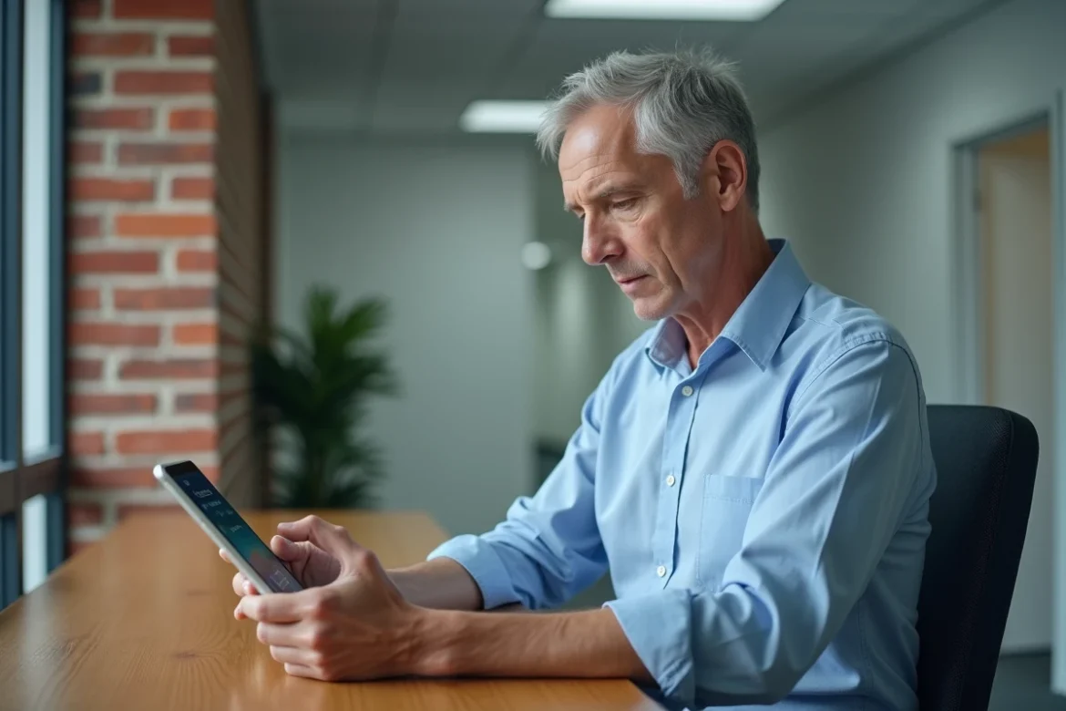 Fonctionnaire consultant le portail intranet de gestion des agents sur une tablette numérique dans les locaux d'une administration publique