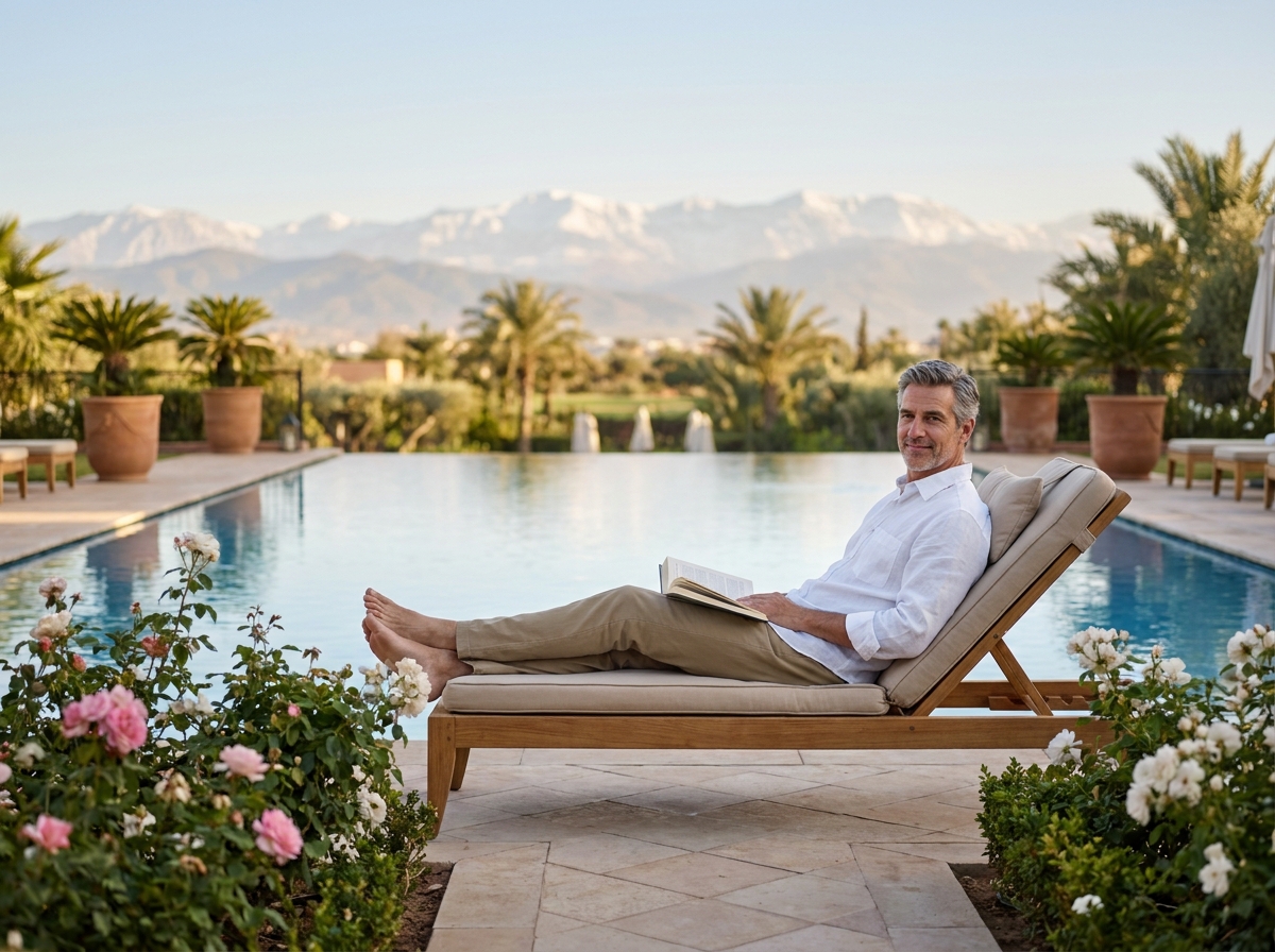 Homme se détendant au bord de la piscine à débordement du Four Seasons Resort Marrakech avec vue sur les jardins de roses et les montagnes de l'Atlas