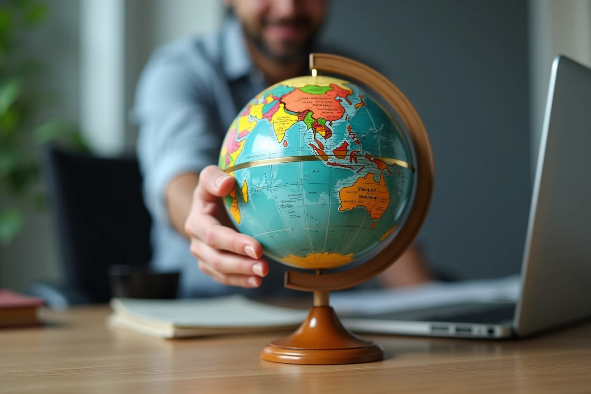 Main d'homme faisant tourner un globe terrestre de bureau repr&eacute;sentant les plus grands pays du monde