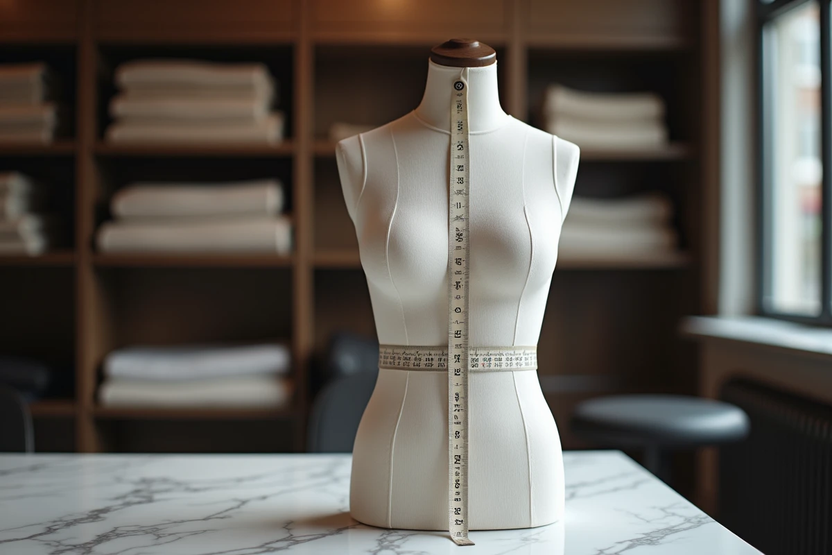 Gros plan d'un mètre ruban de tailleur autour d'un mannequin sportif, symbolisant les mensurations précises de GMK