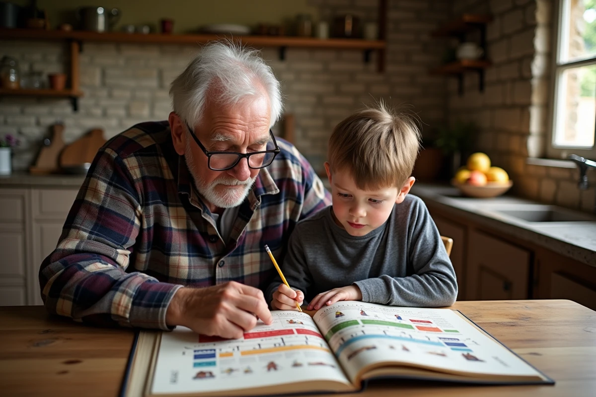 Grand-père et petit-fils consultant un livre illustré sur la frise des rois de France à la maison
