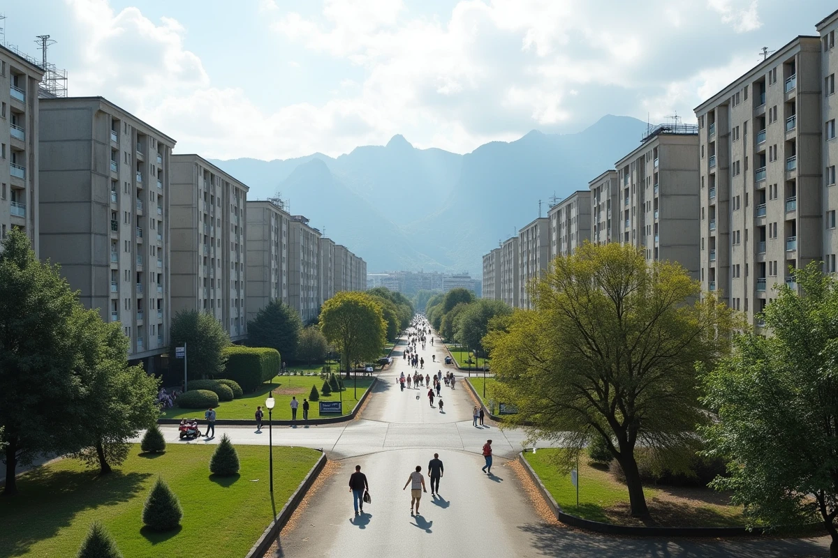 Grand ensemble de la Villeneuve &agrave; Grenoble avec barres pr&eacute;fabriqu&eacute;es et Alpes en arri&egrave;re-plan lointain