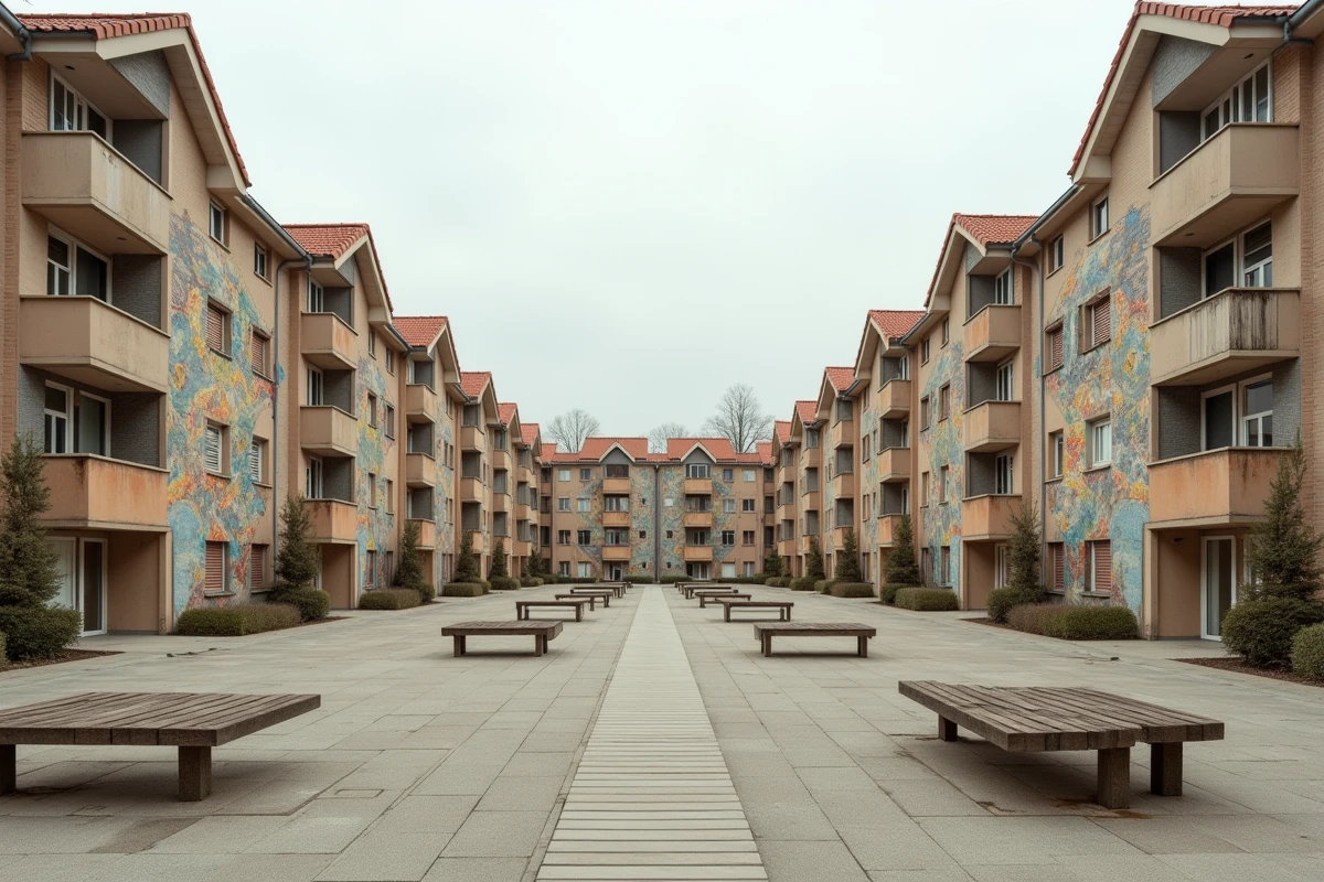 Ensemble de logements sociaux &agrave; Grigny dans l'Essonne avec architecture courbe et mosa&iuml;ques ext&eacute;rieures d&eacute;fra&icirc;chies