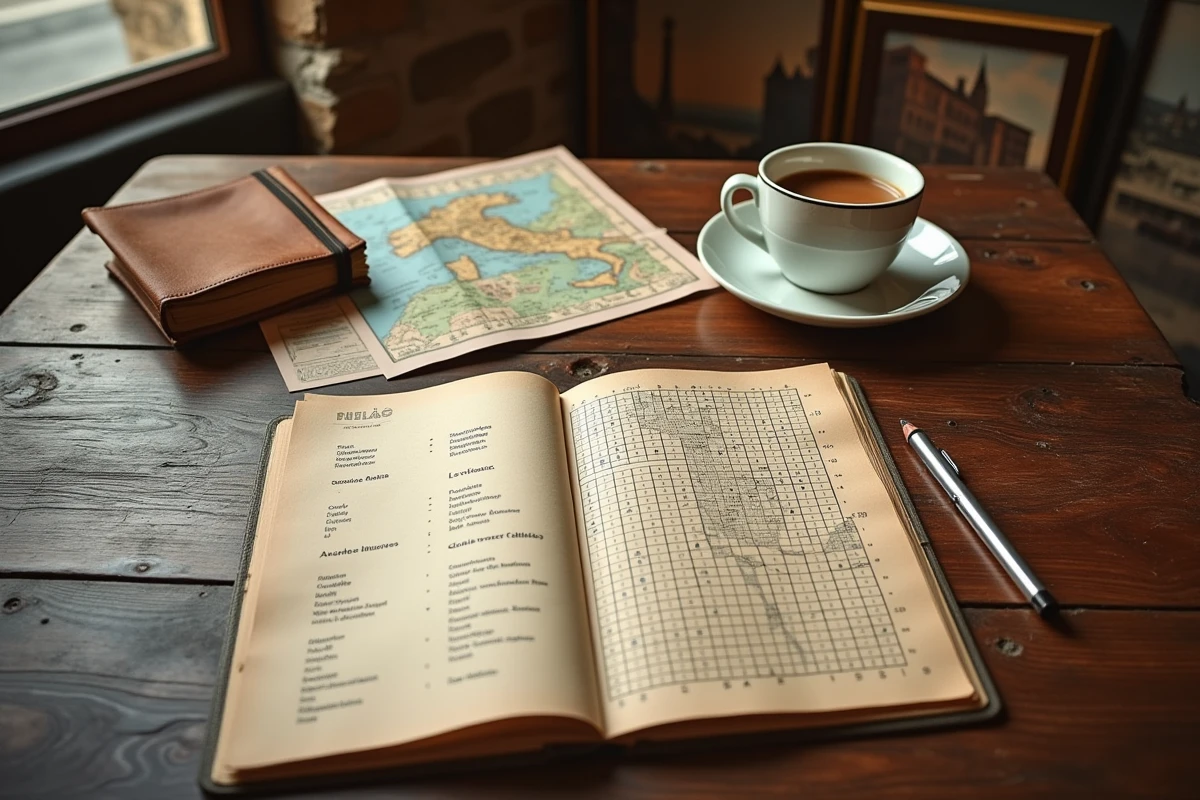 Grille de mots fléchés sur les villes italiennes posée sur une table rustique en bois avec carte de l'Italie et café espresso