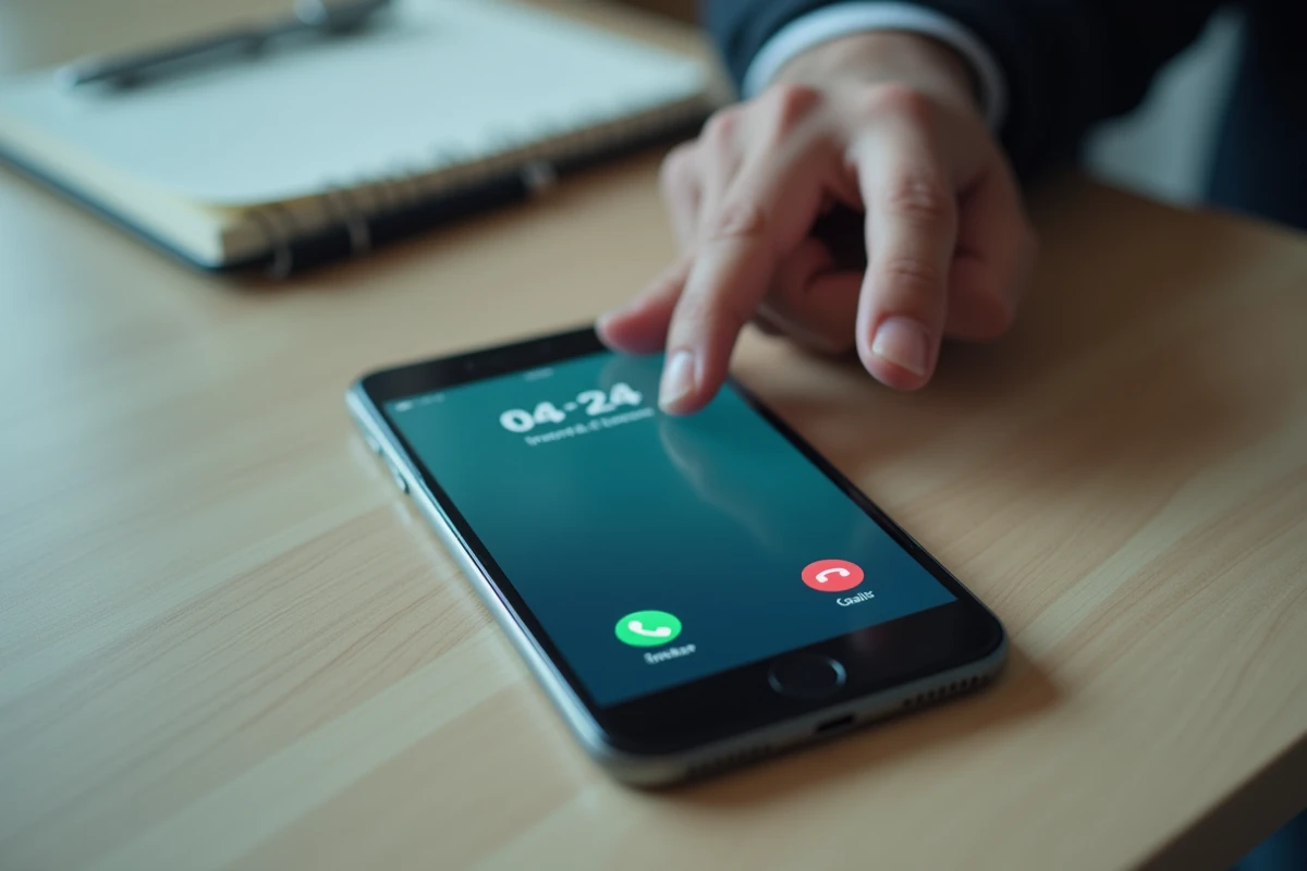 Gros plan d'un smartphone affichant un appel entrant d'un num&eacute;ro 0424 inconnu sur un bureau en bois, illustrant le spam t&eacute;l&eacute;phonique