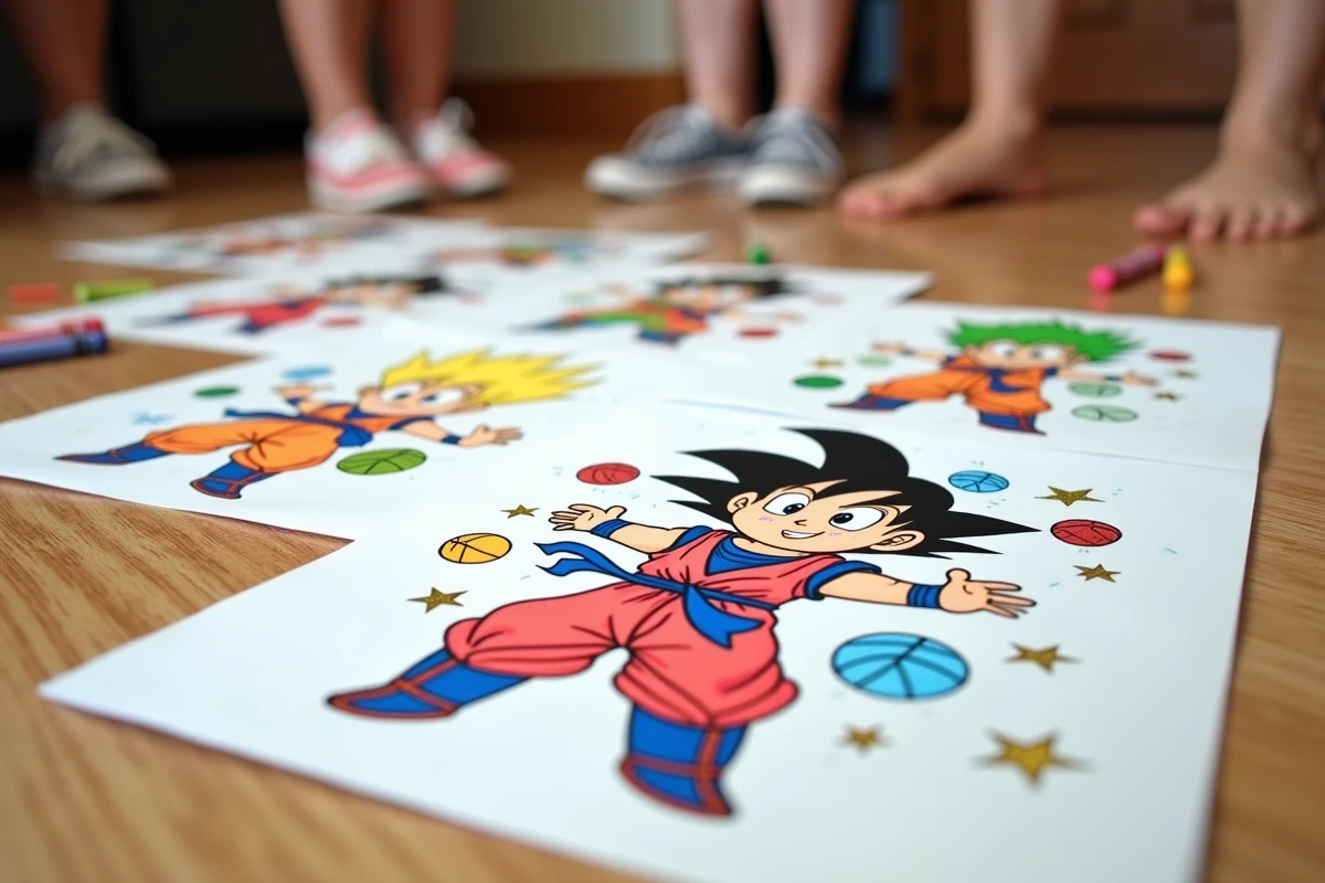 Gros plan sur des coloriages Dragon Ball termin&eacute;s pos&eacute;s sur un parquet en bois entour&eacute;s de crayons et confettis