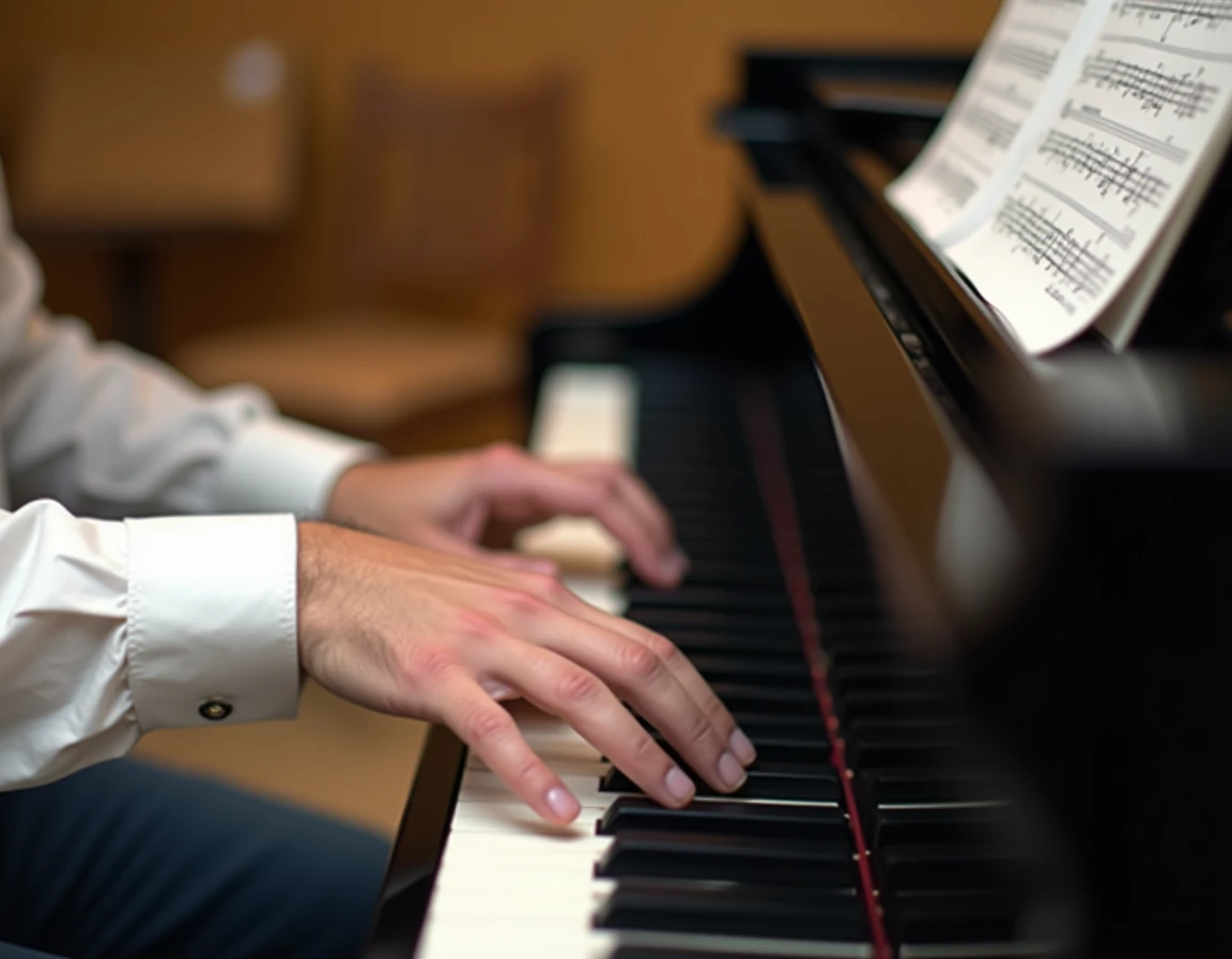 Gros plan sur des mains jouant les accords de Let It Be sur un piano &agrave; queue avec partition annot&eacute;e et doigt&eacute;s au crayon