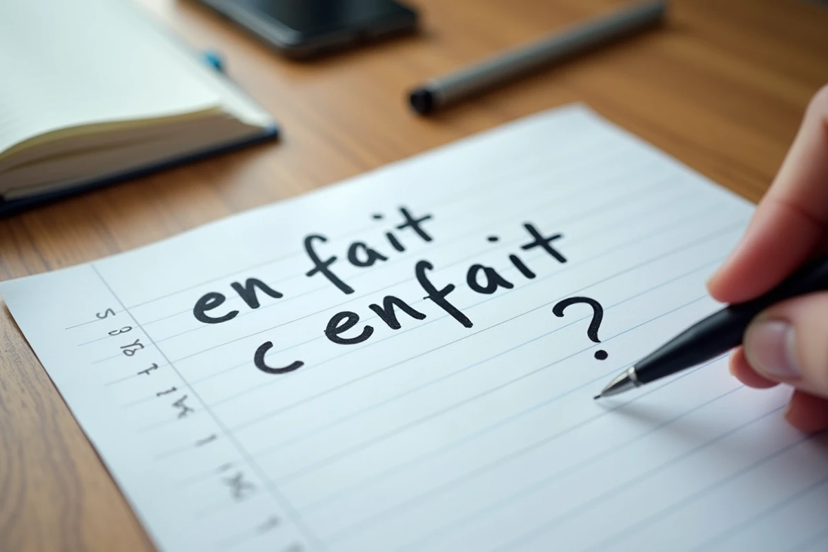Gros plan d'une main &eacute;crivant les mots en fait et enfait sur une feuille lign&eacute;e avec un point d'interrogation, illustrant le pi&egrave;ge orthographique courant