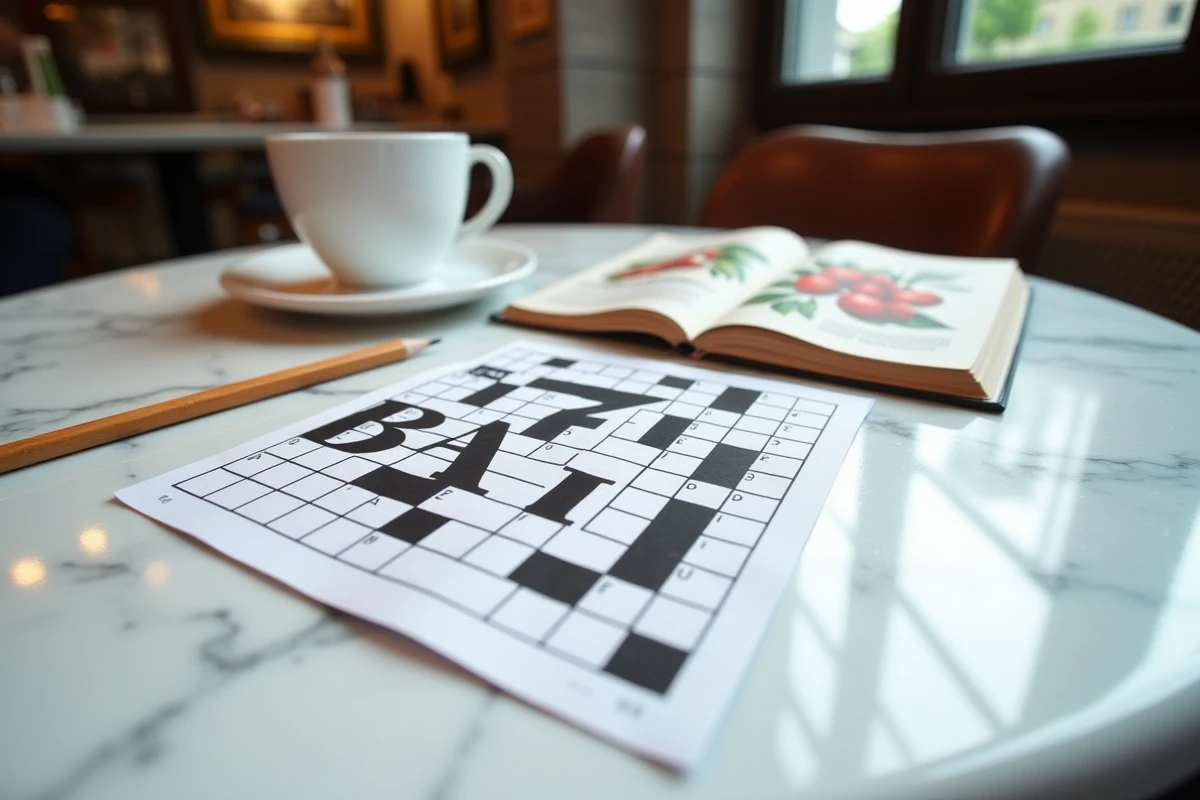 Gros plan sur une grille de mots crois&eacute;s fran&ccedil;aise avec le mot BAIE visible, un dictionnaire japonais et un crayon pos&eacute;s sur une table de caf&eacute; en marbre
